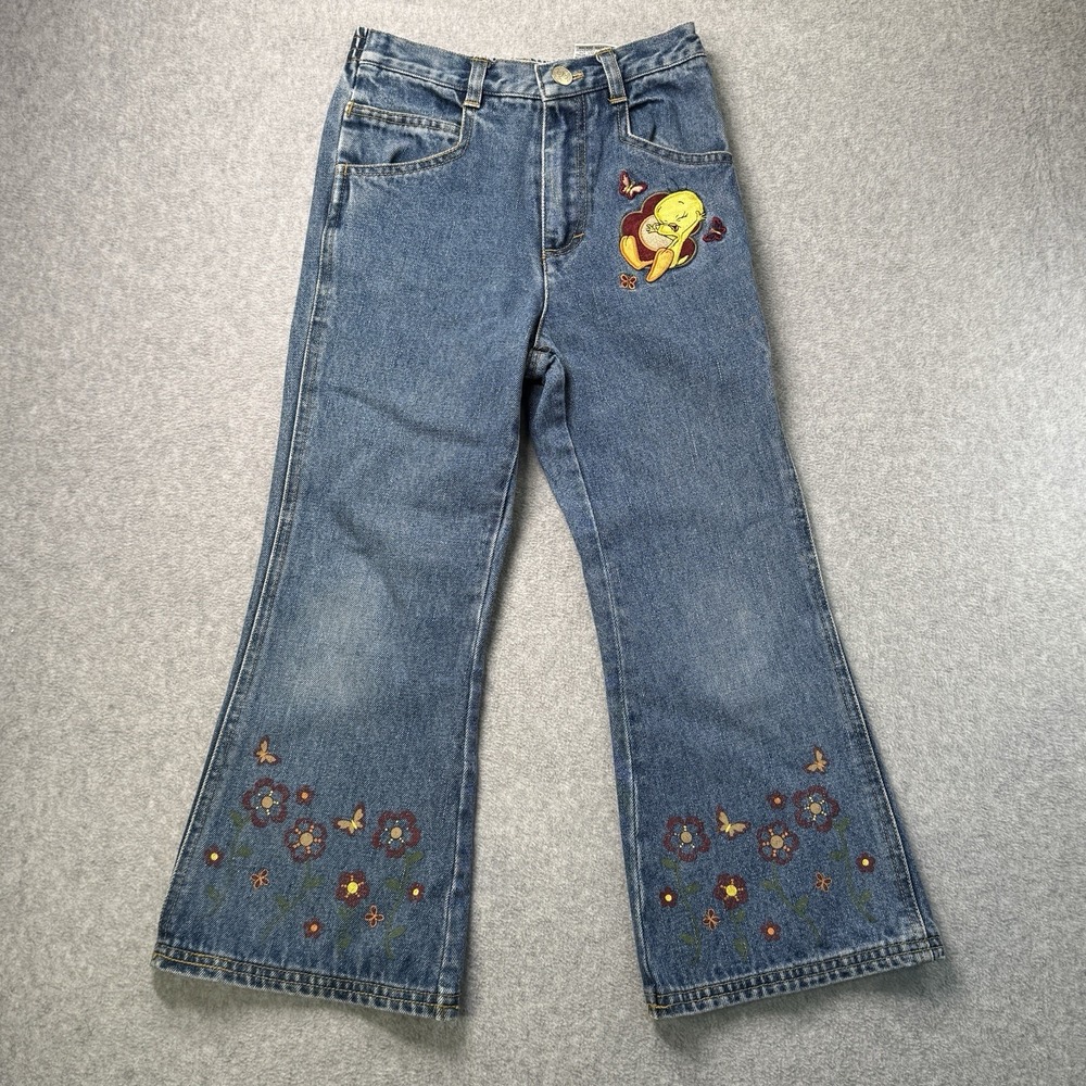 Looney Tunes Girls Jeans Sz 6 Tweety Bird‎ Embroidered Flowers Butterflies Y2K